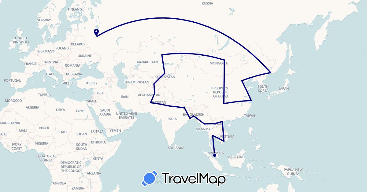 TravelMap itinerary: driving in Afghanistan, Bangladesh, China, India, Kyrgyzstan, Kazakhstan, Laos, Myanmar (Burma), Mongolia, Malaysia, Nepal, Pakistan, Russia, Thailand, Tajikistan, Vietnam (Asia, Europe)